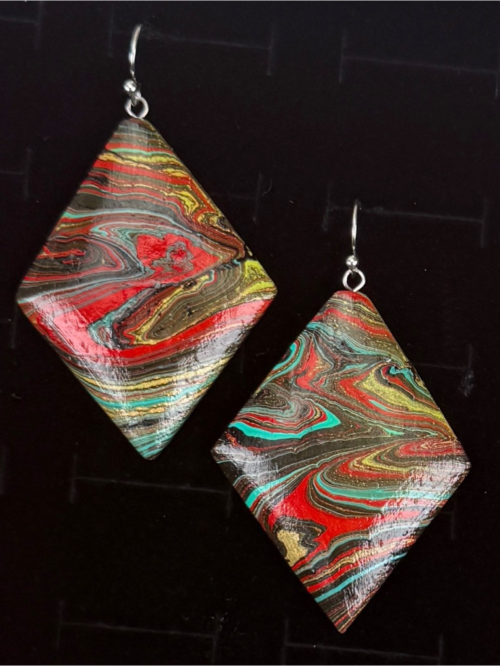 Oversized Wood Pierced Earrings Multicolor Abstract Diamond Art Dangles